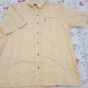 Columbia Button Up Shirt Mens Large L Yellow Cotton Pocket Logo Outdoor